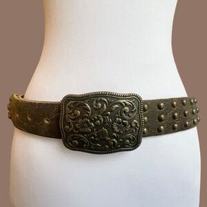 Wide Brown Studded Leather Belt Western Buckle Size L